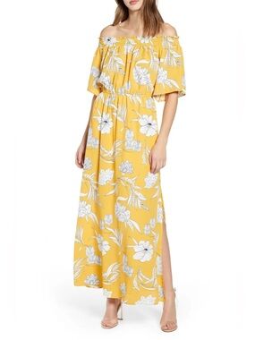 Code Mode NWT XS Mustard Yellow Floral Maxi Dress Off Shoulder Smocked Boho Slit